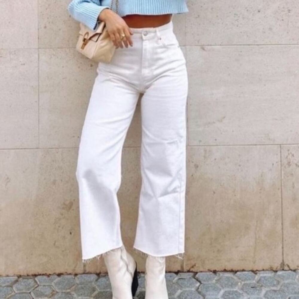Zara White Ankle-Length Wide Crop Jeans